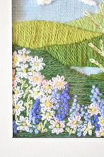 Load image into Gallery viewer, Framed Vintage Crewel Embroidery – White Bird in Flight over Floral Hills