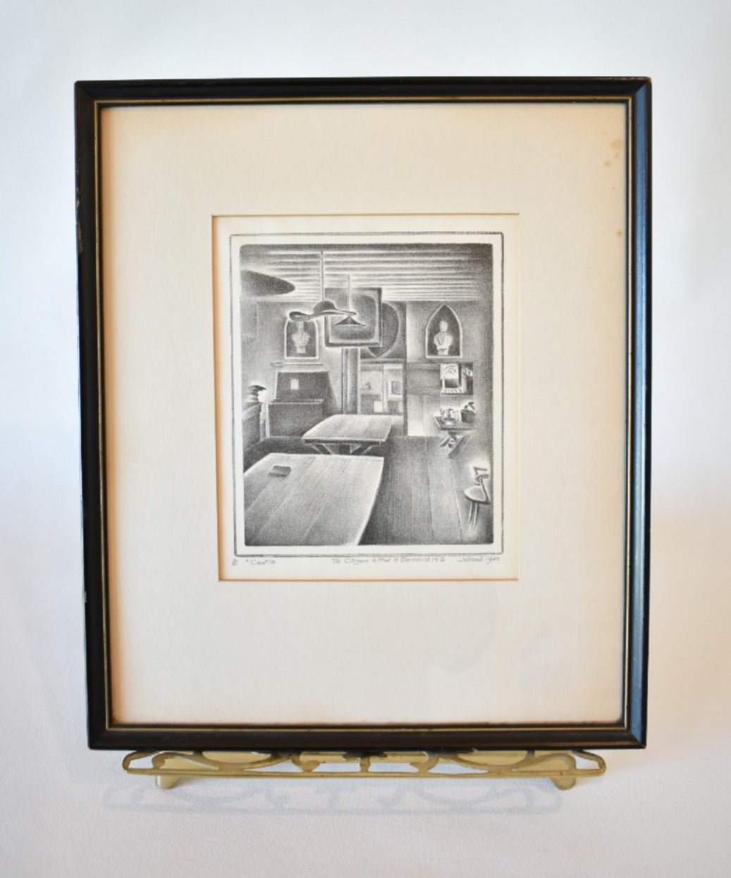 Vintage Framed Print “Castle” – Architectural Interior Scene in Black & White - Mid-Century Artwork