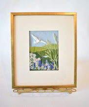 Load image into Gallery viewer, Framed Vintage Crewel Embroidery – White Bird in Flight over Floral Hills
