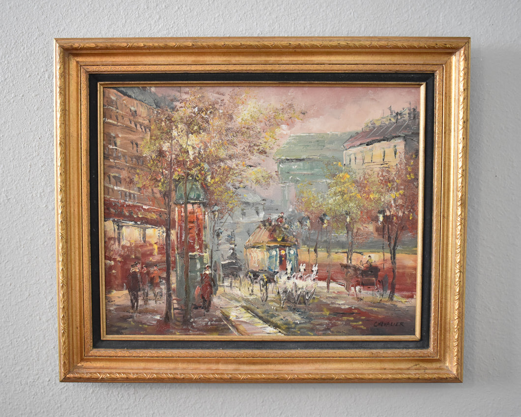 Vintage Parisian Street Scene Oil Painting by Chevalier | Framed Impressionist Cityscape