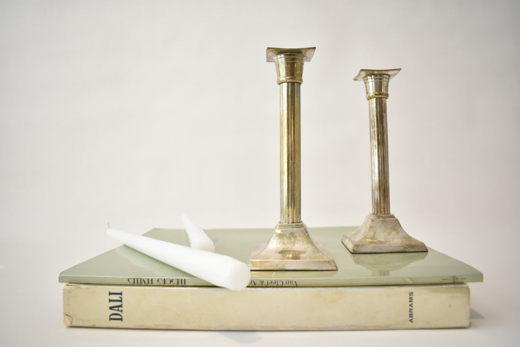 Pair of Silver-Plated Column Candlestick Holders
