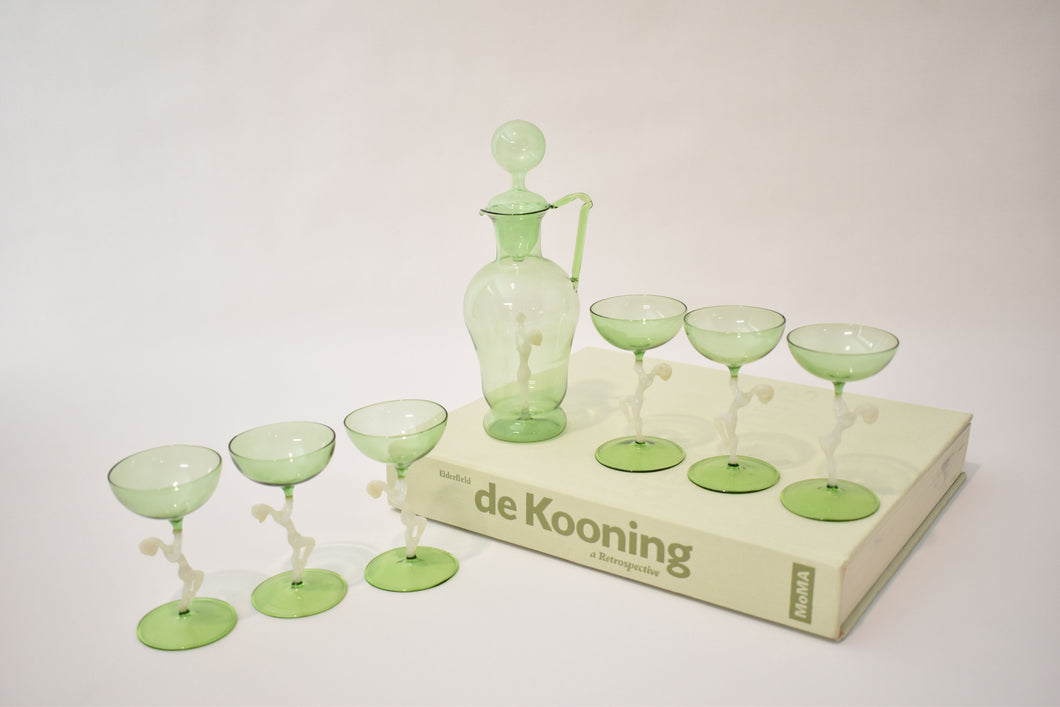 Goddess Green Bimini Glass Nudes Decanter and Glassware Set