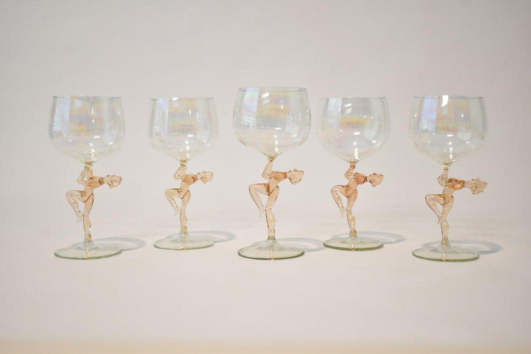 Bimini Irridescent Glasses with Peach Nude Figural Stem, Party of Five
