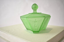 Load image into Gallery viewer, Art Deco Green Satin Glass Powder Jar with Lady Finial Lid
