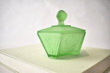Load image into Gallery viewer, Art Deco Green Satin Glass Powder Jar with Lady Finial Lid
