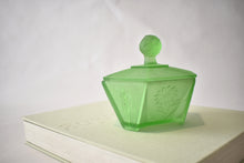 Load image into Gallery viewer, Art Deco Green Satin Glass Powder Jar with Lady Finial Lid
