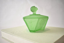 Load image into Gallery viewer, Art Deco Green Satin Glass Powder Jar with Lady Finial Lid
