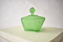 Load image into Gallery viewer, Art Deco Green Satin Glass Powder Jar with Lady Finial Lid
