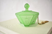 Load image into Gallery viewer, Art Deco Green Satin Glass Powder Jar with Lady Finial Lid

