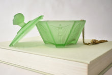 Load image into Gallery viewer, Art Deco Green Satin Glass Powder Jar with Lady Finial Lid
