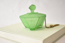 Load image into Gallery viewer, Art Deco Green Satin Glass Powder Jar with Lady Finial Lid
