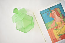 Load image into Gallery viewer, Art Deco Green Satin Glass Powder Jar with Lady Finial Lid
