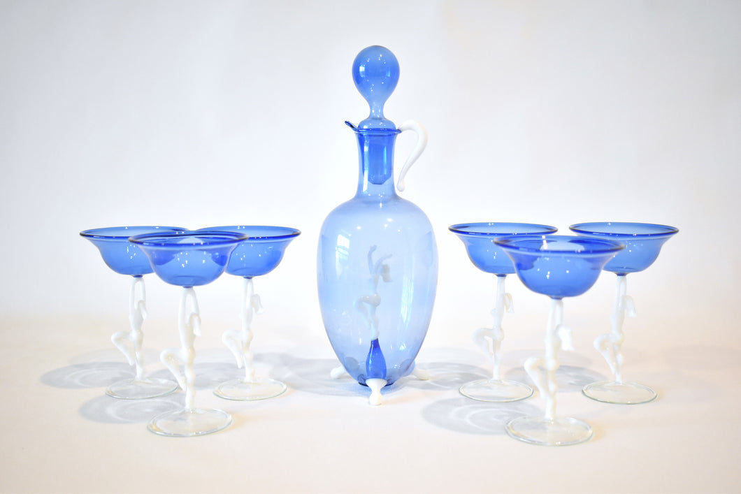 Bimini Brilliant Blue Dancing Nude Decanter and Glassware Set