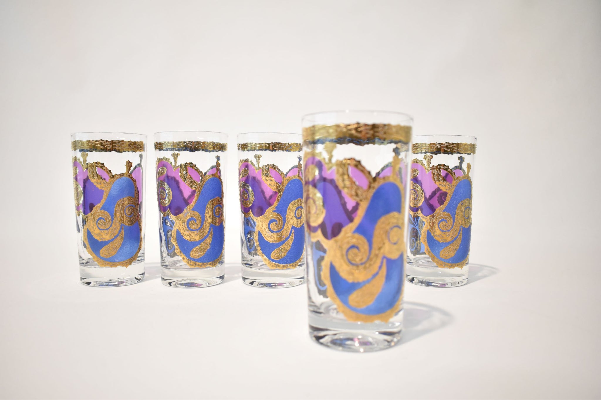 Mid Century Modern 8 Georges Briard Sari Blue Paisley Highball Glasses Set  of 8