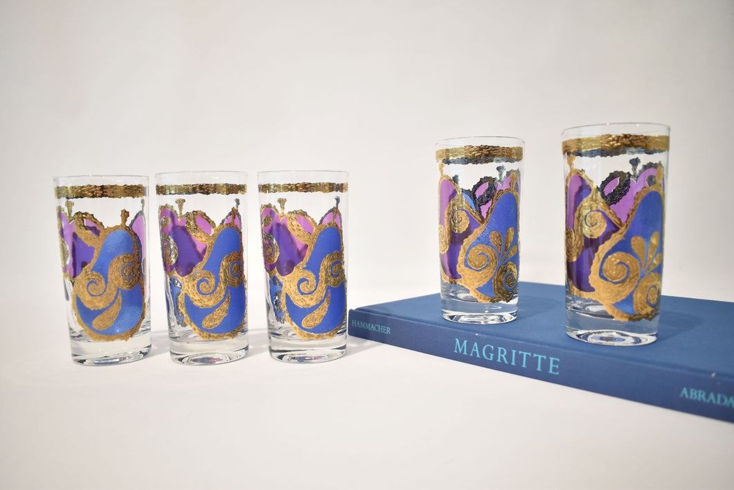 Blue and Purple with 22-Karat Gold Highball Glasses by Georges Briard, Party of Five